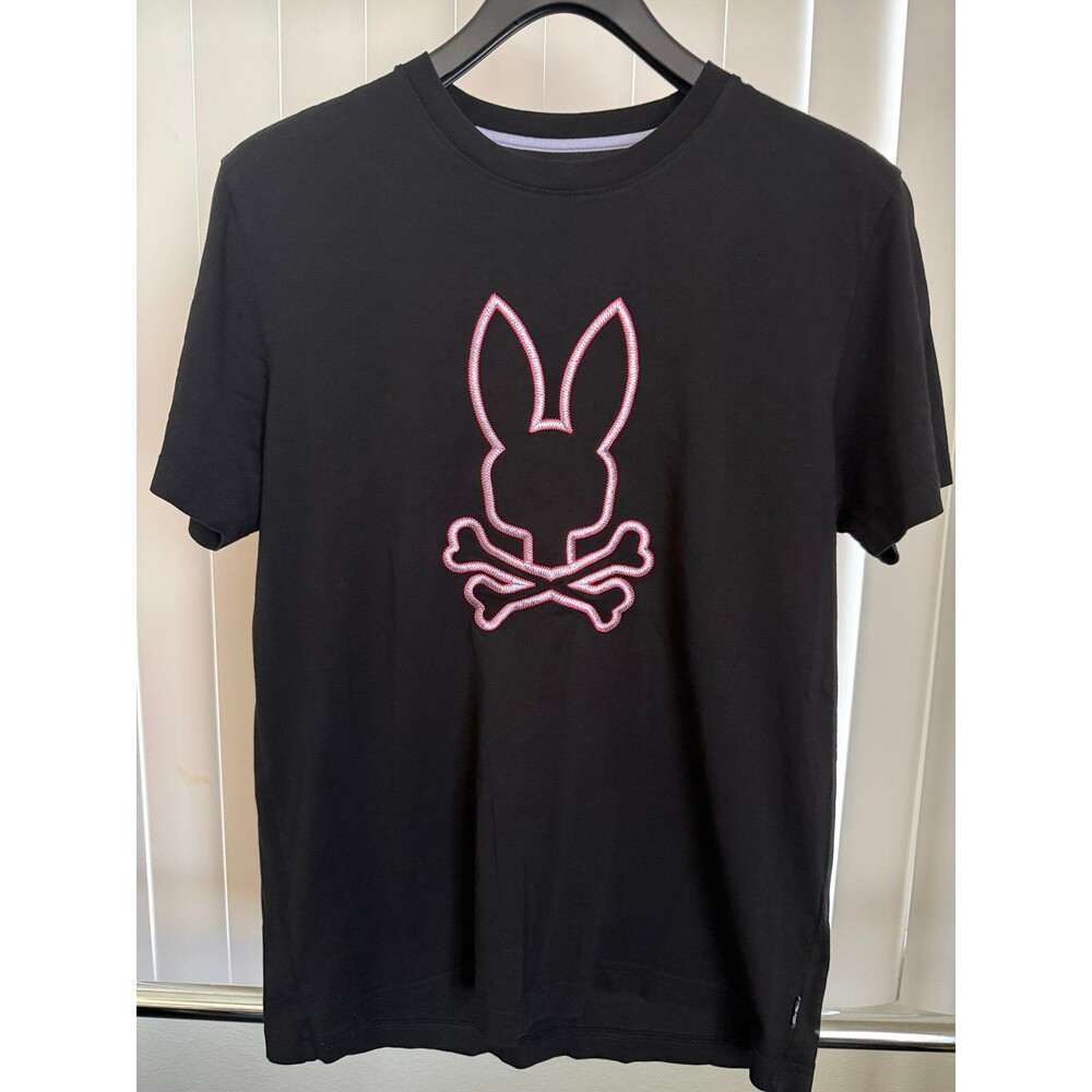 Men’s Psycho Bunny Outline Embroidered Skull Logo Black Graphic T-Shirt S/Medium
